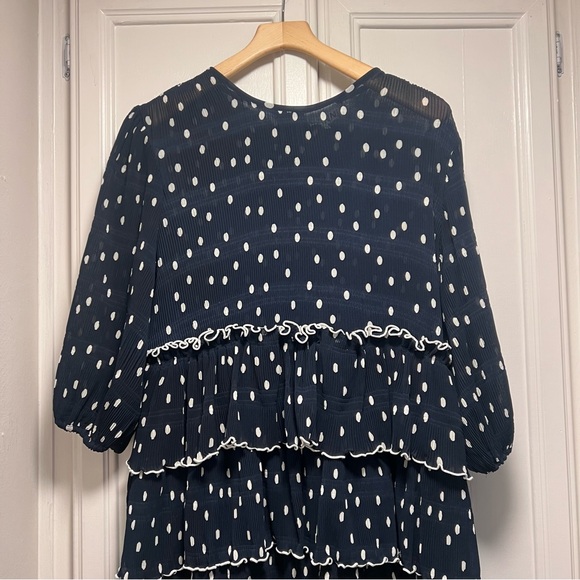 GANNI Lowell Ruffled Polka Dot Dress Navy Blue Midi Size 38 6 US Tiered Evening - Picture 3 of 8
